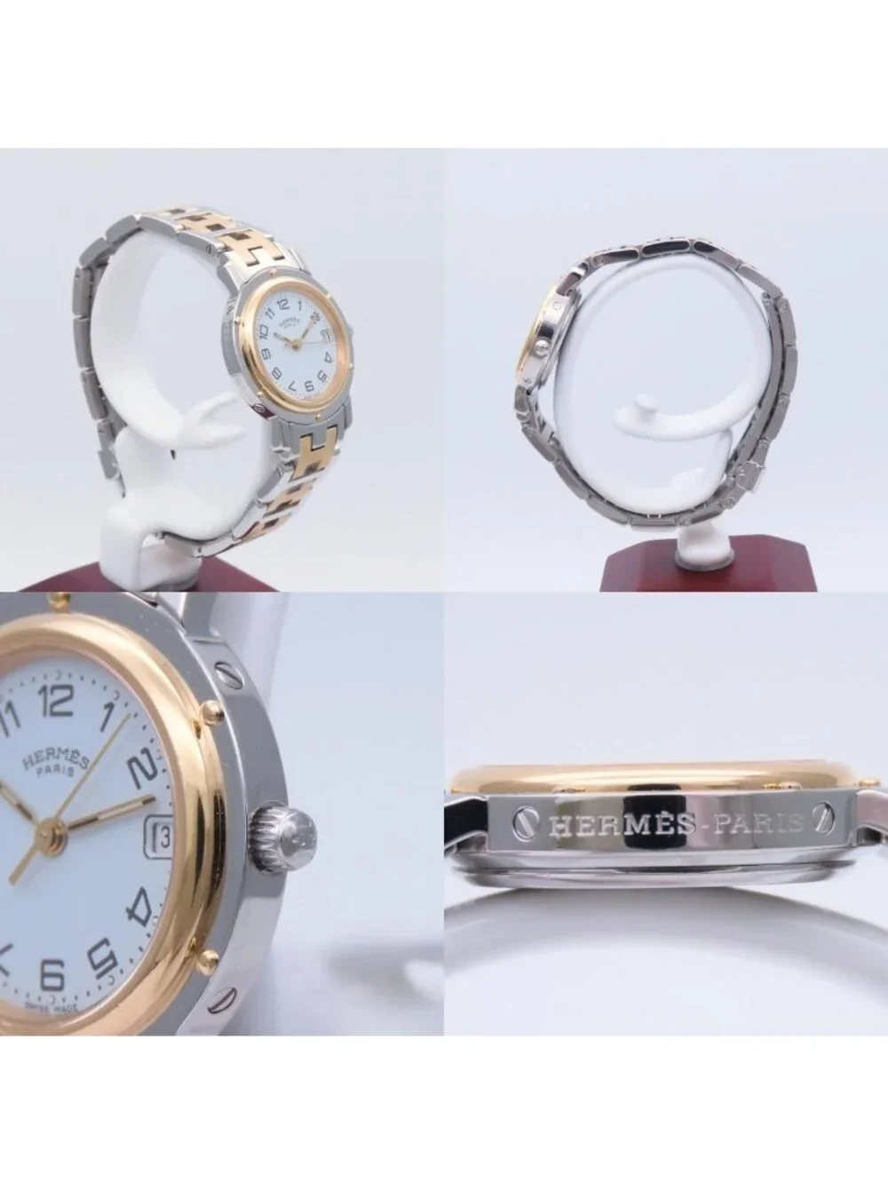 Hermes Watch Clipper Stainless Steel Silver Gold Dial White Plated SS